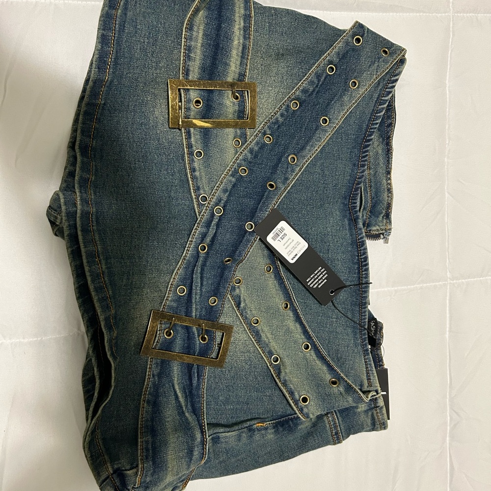 Fashion Nova Denim Mini Skirt with Gold Accents